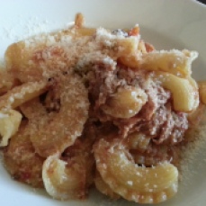 Tagliarini with spicy prosciutto pomodoro.