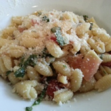 Cavatelli with heirloom tomatoes, toasted almonds, fresh basil and Moroccan olive oil.